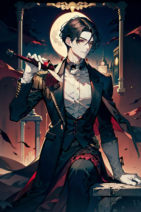 Handsome man with black hair drinking with a red wine glass，There are woods and moonlight outside the window at night，There are several birds in the sky，There are roses on the table in the house，Man in dress suit，Vampires，high quality illustration，anime bi...