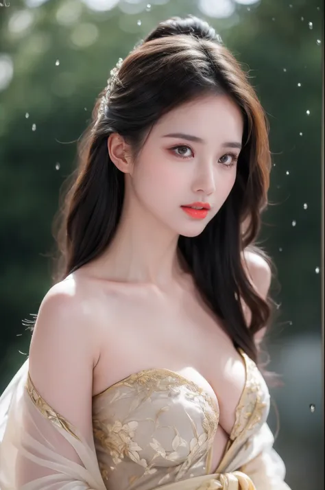 ((Best Quality, 8k, Masterpiece: 1.3)), Focus: 1.2, Perfect Body Beauty: 1.4, Buttocks: 1.2, ((Layered Haircut)), (Wet Clothes: 1.1), (Rain, Street:1.3), (Breasts: 1.2), (Hanfu: 1.2), Bare Shoulders, Bare Legs, Highly Detailed Face and Skin Texture, Fine E...