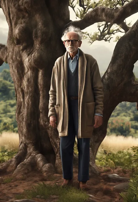 "desenho ultra realista em 8k, Elderly and lonely man of appearance of approximately 70 years. Hes wearing a sweater, tem uma barba, wears thin-framed glasses, with a charismatic and gentle countenance. The scene takes place under a tree, amidst nature."