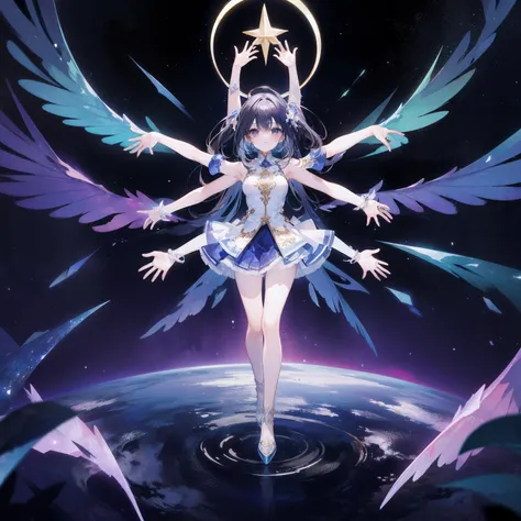 universe background, human body with (multiple arms:1.3), hand sign, put hands together, wing, halo, god ray, fluttering skirt