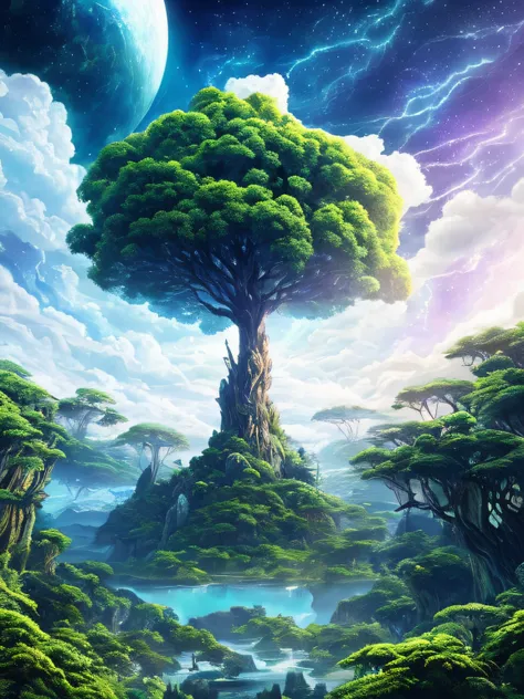 Illustration of a surreal, otherworldly, hyper sky scene including a giant crystal tree full body, highly detailed and magical lighting, intricate forest details, vegetation and surrounding river, solar punk, landscape, giant tree , beautiful green leaves,...