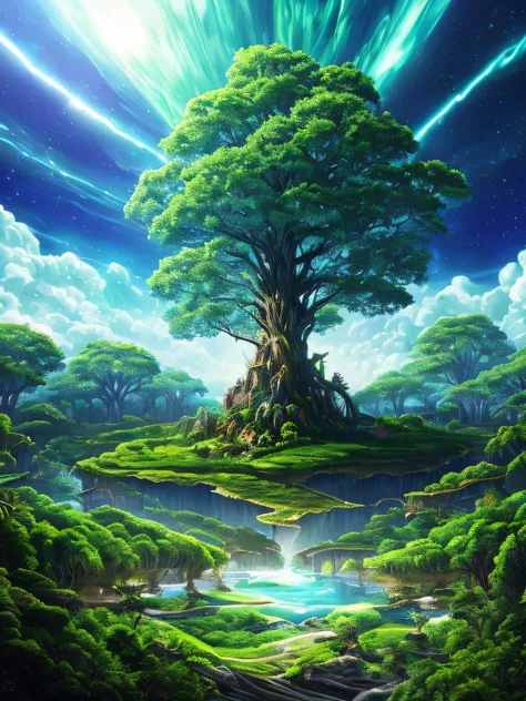 Illustration of a surreal, otherworldly, hyper sky scene including a giant crystal tree full body, highly detailed and magical lighting, intricate forest details, vegetation and surrounding river, solar punk, landscape, giant tree , beautiful green leaves,...