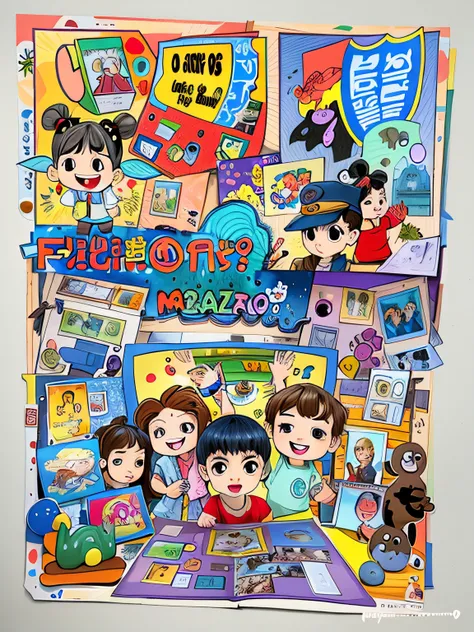 There is a picture of a poster，There is a bunch of cartoon characters on it, colorful kids book illustration, color page, childrens book drawing, Childrens book drawing, full color drawing, Childrens book cover, full page illustration, , color drawing, Col...