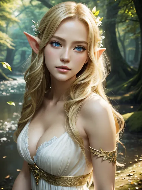 (masutepiece、Best Quality、awardwinning、hight resolution)、Portrait of one beautiful female elf upper body、cleavage、tall、skinny、Light blonde hair、Complex and beautiful design、extremely detailed beautiful face、Triangular face、blue eyess、ssmile、Rest on the ban...