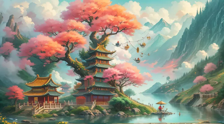 China-style，Fairy tale novel scenes，High hills，Spring water，The tree，The loft surrounded by mountains is reflected in colorful auspicious clouds，In the distance, The crane flew away，surrounded by cloud，super-fine，8K，best qualtiy，Works of masters，oc rendere...