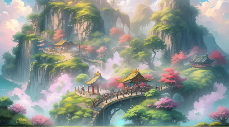 China-style，Fairy tale novel scenes，High hills，Spring water，The tree，The loft surrounded by mountains is reflected in colorful auspicious clouds，In the distance, The crane flew away，surrounded by cloud，super-fine，8K，best qualtiy，Works of masters，oc rendere...