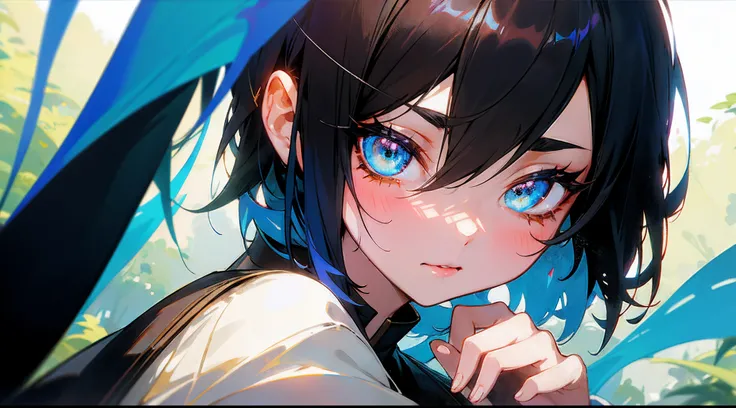 Original Characters、Volume Lighting、Best Shadows、Shallow depth of field、Portrait of an amazingly beautiful girl、Delicate beautiful attractive face with petite and seductive eyes、in woods、Woman sitting near river、Sharp Eyebrows、Black Hair Shortcut Hair、Blus...