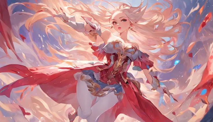 style of league of legends，Woman in off-the-shoulder clothing，Flying life-size colorful long hair，Serious expressions，complex clothing，Beautiful patterns are engraved on the clothes，Fair thighs exposed，Wear White Tights，The long skirt swayed in the wind，Fi...