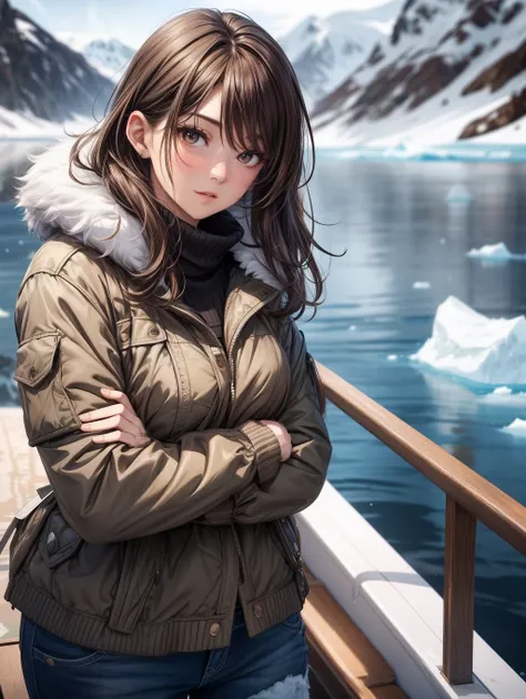 Best Quality, masutepiece, beautiful mature women、Beautiful face、Strong-minded woman、tshirts、brown haired、Brown-eyed、Longhaire、Undersized eyes、Khaki winter clothes、((Arctic background))、On the boat、drift ice、Full body like、Enlarge the background