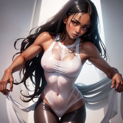 Lovely black dark-skinned woman, beautiful athletic athletic body, pleasant pretty face, attractive tender appearance, ((beautiful red eyes)), beautiful black hair, ((wearing a beautiful tight white transparent wet clothes without sleeves)), stands against...