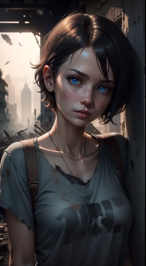 one-girl，Medium short hair，The expression is resolute，Delicate facial details，Blue pupil，（careful：1.3），Dilapidated ruined buildings，With a baseball bat，covert，Atmospheric lights，Center composition，Post-apocalypse，hyper-high detail，A high resolution，8k，Wall...