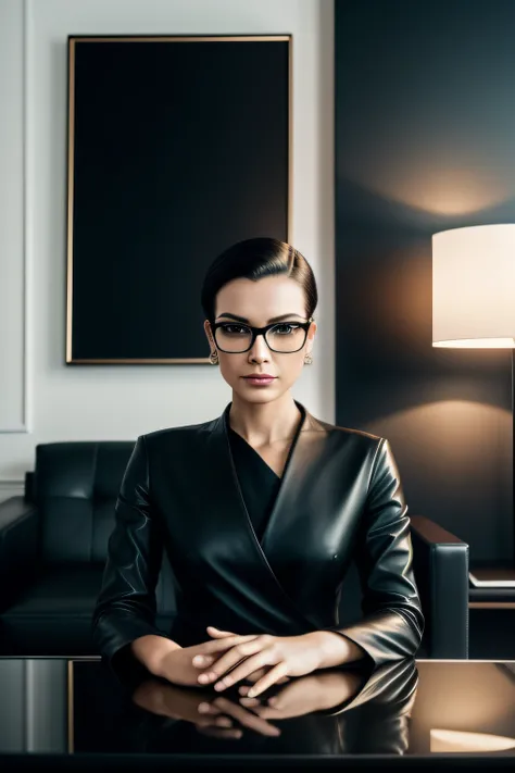 An elegant lady in a tailored black outfit, her face glowing under the soft light of a table lamp, sitting in a modern leather armchair, hair slicked back, a serious expression framed by cat-eye glasses, a love counselor, room has minimalist décor with mon...