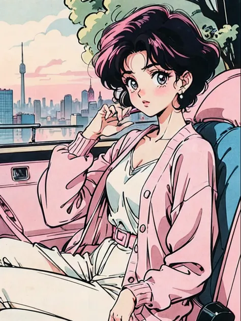 boy with short hair、a dark-haired:1.2),(pink costume:1.1),(vintage 90s:1.1),(romance anime style:1.3), sitting in a pink car, pi...