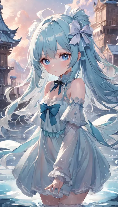 (((Masterpiece))),Best quality, illustration,(Beautiful detailed girl),beautiful detailed glow,detailed ice,beautiful detailed  water,(Beautiful detailed eyes),Expressionless,beautiful detailed white gloves, (floating palaces:1.2),Azure hair,Disheveled hai...