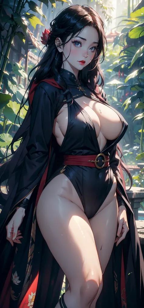 1womanl，43 yeas old，A MILF，熟妇，Huge breasts，Big breasts Thin waist，long leges，plumw，Raised sexy，Pornographic exposure， 独奏，Combat posture，（Background with：Deep in the bamboo forest，Ground area water，lotuses，lotus flower，the rainforest，）Snow-white skin， She h...