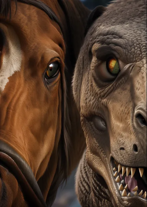 There is a dinosaur with a horse and a horses head, tom cruise vs carnivore dinosaur, eyes of corporaptor hominis, rottweiler dinosaur hybrid, trex, realistic CGI, Horse-headed animal merger, t - rex, tyrannosarus rex, Visual effects movie close-up, jurass...