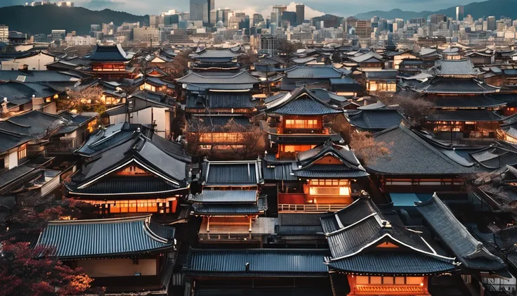 Japanese traditional cityscape, with bustling buildings, bathed in the warm midday sunlight, offering a magnificent view from above."