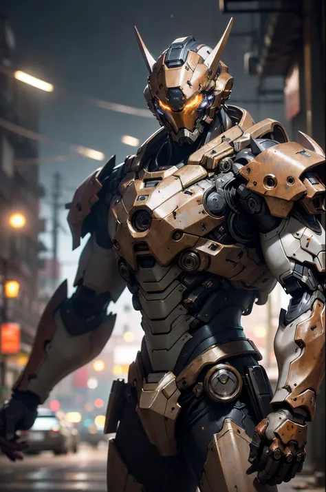 Portrait photo of an alpha male, perfect eyes, in a worn mecha suit, ((light bokeh)), intricate, (steel metal [rust]), elegant, sharp focus, photo by greg rutkowski, soft lighting, vibrant colors, masterpiece, ((streets)), cowboy shot, dynamic pose,