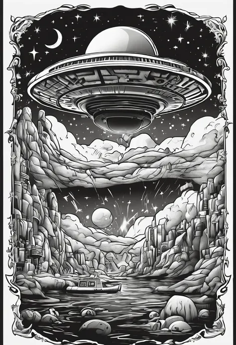 drawing for coloring, no color, ufo in space, cartoon style, black and white, few details, no shading, no color, white background