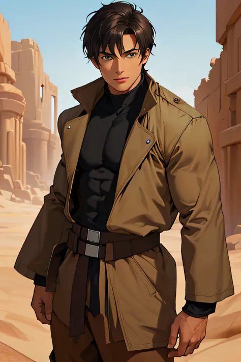 (masterpiece, Best Quality), (depth of fields:1.2), solid background, Ruins of a Jedi temple with a rocky desert. An attractive adult male in his 30s, (30 years old) (1male man) with tan skin and short jet black hair. Green eyes (detailed eye) big and deli...