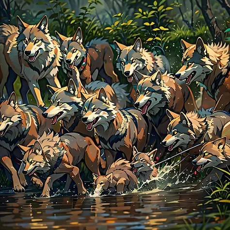 A dozen wolves，Rush to the pond，Fang，Fierce，mouth drool，delicated，tmasterpiece，A high resolution