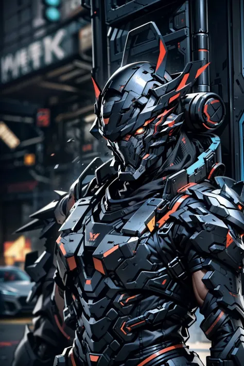 Top Quality Male Machine Warrior，Super macho body、Armor-like appearance、intricate mask，Complex technical exoskeletons，Fully wrapped helmet，Heavy weapons on the back，A sense of the technology of the future，(Matte Black:1.1)，Futuristic and technological，