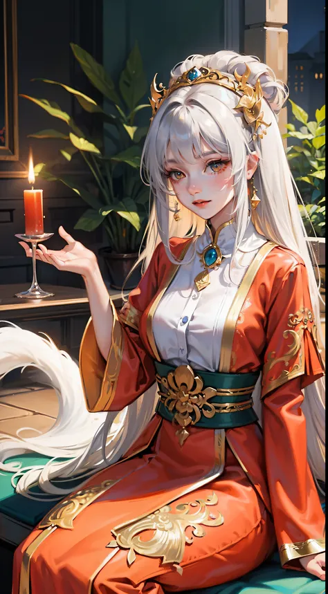 (highly detailed CG，Exquisite and rich：1.2)，The nine-tailed fox Sudaji，Dress conservatively，Sit in the middle of the palace，Brilliant and brilliant，