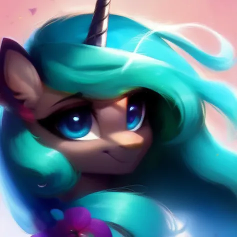 rating_safe，score_9,a cute pony,black skin,Long dark turquoise mane, Very long mane, flowing mane,beautidful blue eyes，Fold ears，smile,unicorn， Intricate details