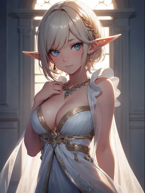 Cute elf girl，short detailed hair，Exquisite Hair，With Ultra HD details，Professional lighting and lighting。Tall and tall，Sexy clothes，Delicate earrings，Delicate necklace，light breeze，Brighter scenes，More refined facial features，eyes with brightness，Light sm...