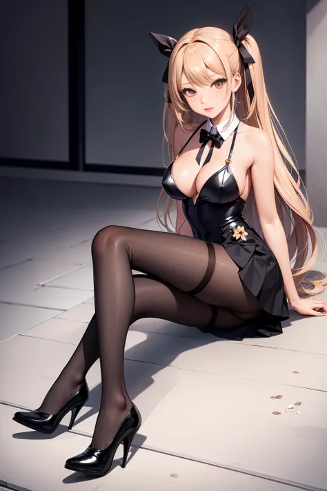 Masterpiece, Best quality, gyaru, Long hair, Black pantyhose, High heels, flower ribbon