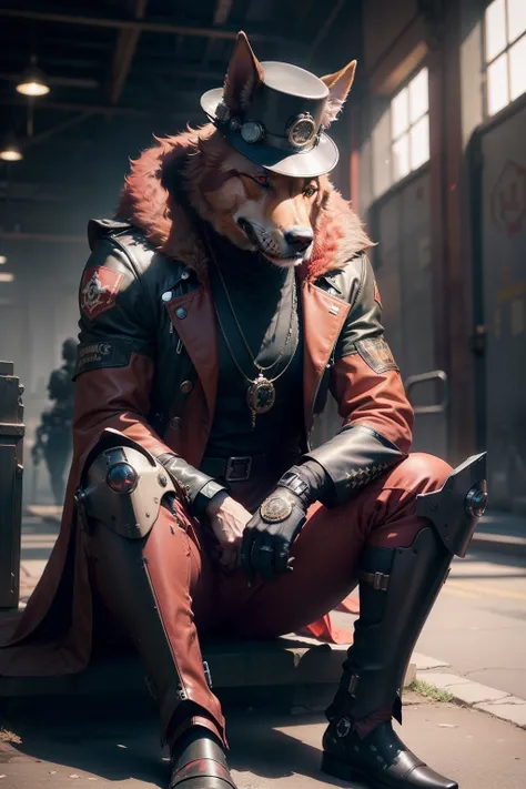 dog, augmented, metal_body, beautiful_colors, cinematic_background, cinematic_lighting, high_res, red_fur, weapon, sitting_down, fancy_hat, full_body_augmented,steampunk style,mecha