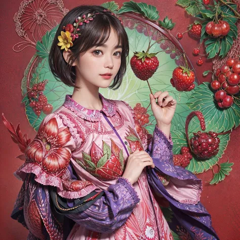 (Ultra detailed backgrounds、detailedbackground)、absurderes、Hi-Res、ultra-detailliert、ighly detailed、1womanl、(Floral clothing)、(Zentangle:1.2)、(fractals:1.2)、(colourfull)、(A dark-haired、Berry - Shorthair:1.3)、A slight smil