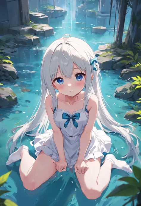 Cute loli，long whitr hair，Leaky shoulders，Barefoot，head looking up，Lie on the ground，Raise your feet，shift dresses，white  panties，largeeyes，Anime cute face，Loli，long white socks，Wet da