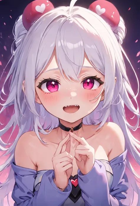 1girll,Heart-shaped pupils,finger nails,hand on own face,White hair,Purple eyes,(Blush:1.1),choker necklace,Upper body,Trembling,Sweat,drops of sweat,Heart,(speed-line:1.1),Medium breasts, ((rough breath:1.3)), Love, Heart, Crop top, cheerfulness, Smile