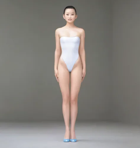 An upright Chinese girl，with fair skin，Wear a one-piece swimsuit，Wear high heels，Arms drooping，Bring your hands close to your sides，Bring your feet together，Front light