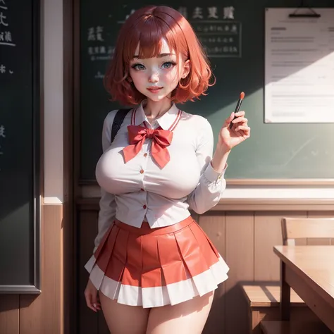 masutepiece, Best Quality, Ultra-detailed, finely detail, hight resolution, 8K, Perfect dynamic composition,japanes、a couple、hi-school girl、Schools、Standing in front of the blackboard、((White uniform))、((Red mini skirt))、large full breasts、embarrassing smi...