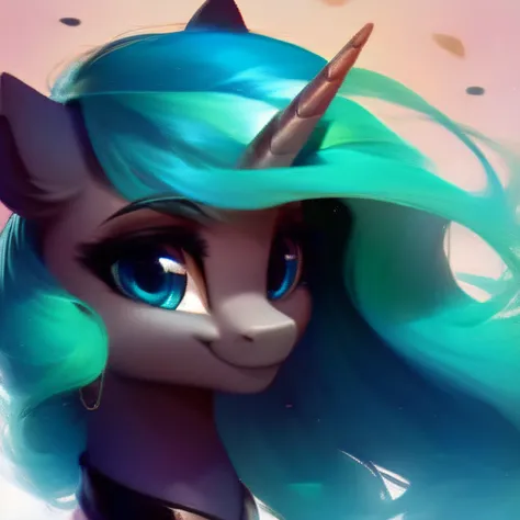 rating_safe，score_9,a cute pony,black skin,Long dark turquoise mane, Very long mane, flowing mane,beautidful blue eyes，Fold ears，smile,unicorn， Intricate details，black flowers