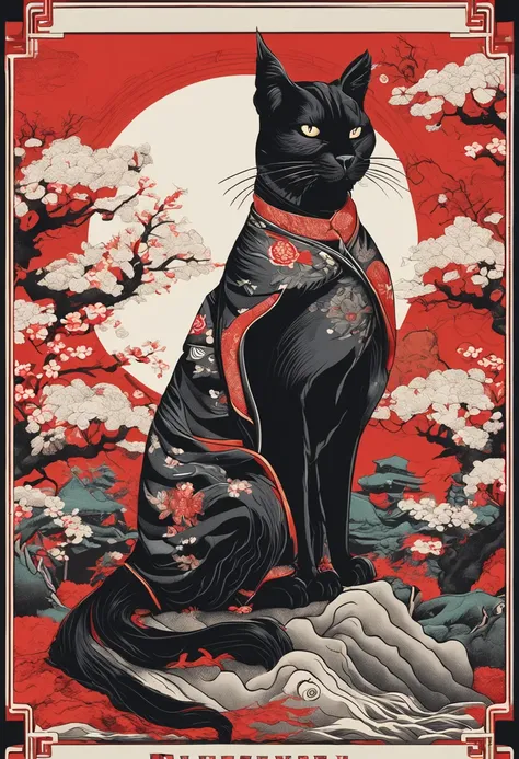 "(Black Samurai Cat+rot+blanche), incredibily detailed, Intense posture, Traditional Japanese background, Epic illustrations, Flawless image quality"