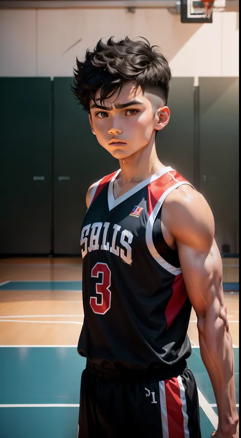 A boy is there、On the basketball court、cabelos preto e longos、basketball suit、standing on your feet、Upper body portrait、Angry expressions