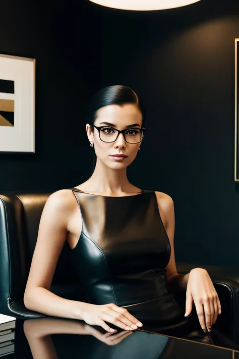 An elegant lady in a tailored black outfit, her face glowing under the soft light of a table lamp, body and face positioned forward, sitting in a modern leather armchair, hair slicked back, a serious expression framed by cat-eye glasses, a love counselor, ...