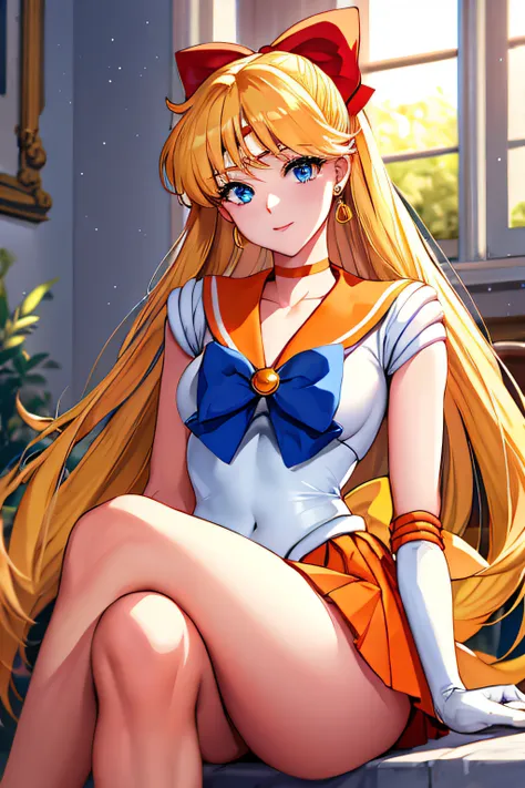 masterpiece, best quality, highres, venus1, 1girl, solo, sailor senshi uniform, sailor venus, aino minako, blonde hair, magical girl, blue eyes, orange skirt, elbow gloves, tiara, pleated skirt, hair bow, orange sailor collar, miniskirt, choker, red bow, o...