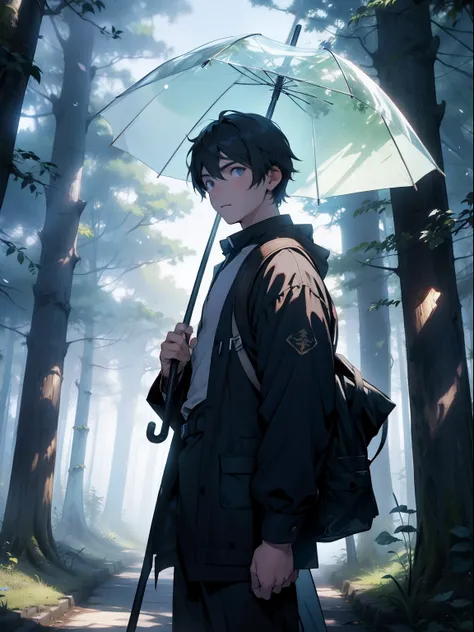 ln the forest，A boy with，Light irradiation，Holding a transparent umbrella，