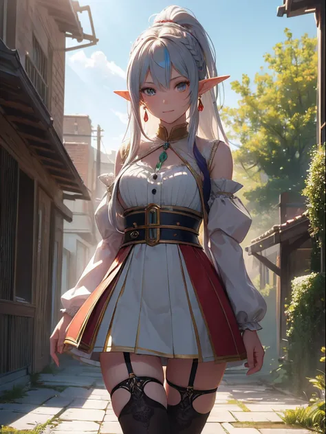 Cute elf girl，braided ponytail，Exquisite Hair，Colored inner hair，Pick and dye your hair，Colorful hair，With Ultra HD details，Professional lighting and lighting。Tall and tall，Sexy clothes，Stockings，Delicate earrings，Delicate necklace，light breeze，Brighter sc...