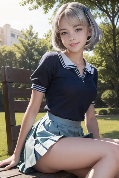 masterpiece, best quality, ((female teen)), (((turn over the skirt))),(cinematic proof),clear face, cute teenage girls,perfect anatomy, happy smile,winkking,open legs,silver short hair,blue eyes, realistic face, realistic,dynamic angle, (1girl), solo focus...