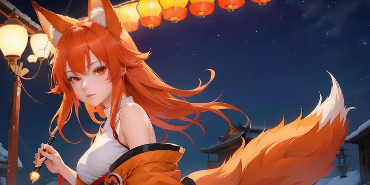 Anime girl with long red hair and white top holding a lantern, Anime art wallpaper 8 K, fox nobushi, Kitsune, a beautiful fox lady, 4k manga wallpapers, Anime wallpaper 4 k, Anime wallpaper 4K, 4K anime wallpaper, style of anime4 K, Anime art wallpaper 4k,...