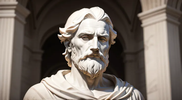 A hyper-realistic sculpture in white marble with black details depicting the bust of the Stoic philosopher Seneca. Seneca has a high forehead and marked by deep wrinkles of wisdom. His eyes are piercing, com olheiras proeminentes. The nose is tapered and c...