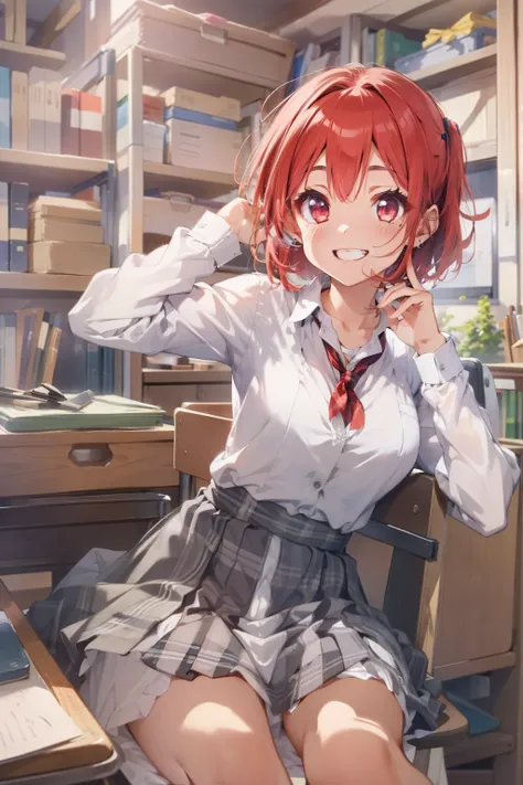 masutepiece, Best Quality, absurderes, Perfect Anatomy, 1girl in, Solo,Short hair、dress shirts, plaid skirts, downbrouse, cleavage, ‎Classroom, Smile, Red hair, White eyes、