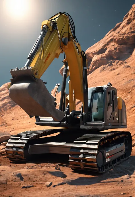 The new source wheeled excavator excavates on the lunar surface，Highlight the realistic side panorama of the excavator of the excavator，Glow and realistic background