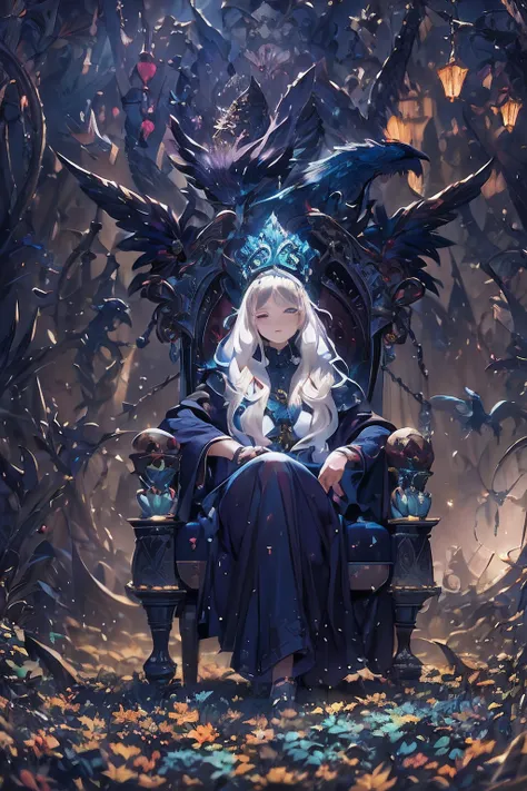 coloured photo: white-haired witch, wears a pointed wizard hat, sit in a palatial kadlou chair, a clever sonest crow perched on ...