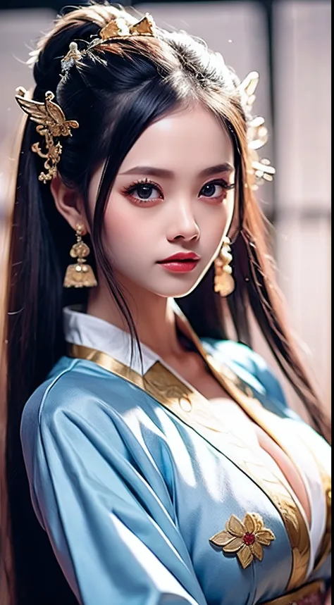 top-quality、​masterpiece、hight resolution、Wuxi 1girl、(gold Chinese dress)、((Super beautiful face))、Super beautiful eyes、Super beautiful hair、(cleavage of the breast、exposed breast、Sexy cleavage、very highly detailed breasts)、